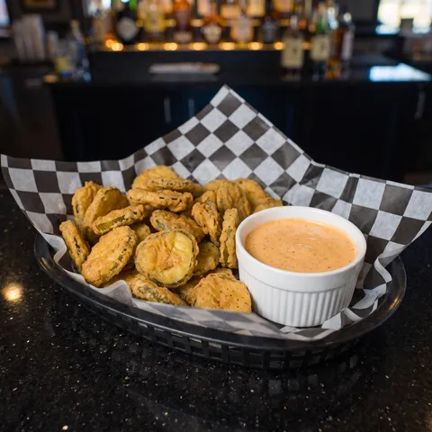 Fried Pickle Chips at 212 The Boiling Point: Dill pickle chips battered and fried. Served with southwest ranch