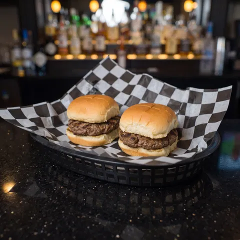 Kids Hamburger Sliders at 212 The Boiling Point: Exactly two small plain hamburger sliders on mini buns, beef patty only, NO cheese. This is a KIDS ME