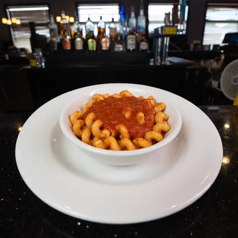 Kids Marinara Pasta at 212 The Boiling Point: A small white bowl of cavatappi corkscrew pasta in plain red tomato marinara sauce. NO meat. Small kids 